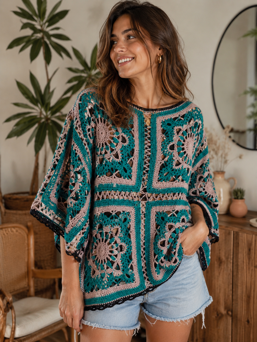 Modelo usando poncho artesanal de lana