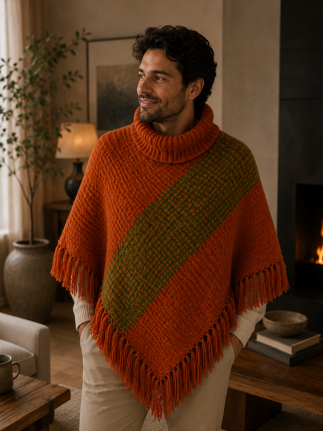 Modelo usando poncho artesanal de lana