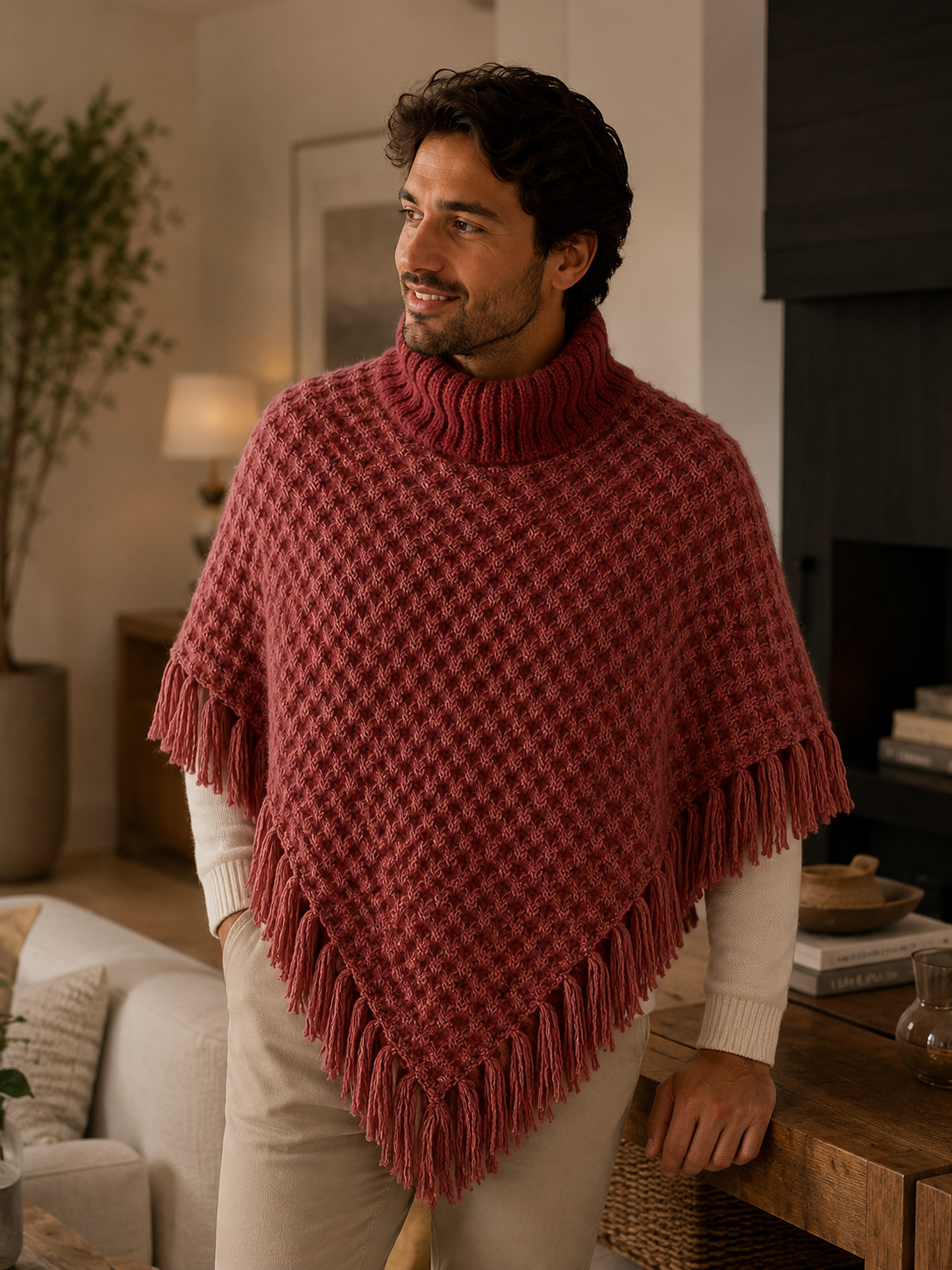 Modelo usando poncho artesanal de lana