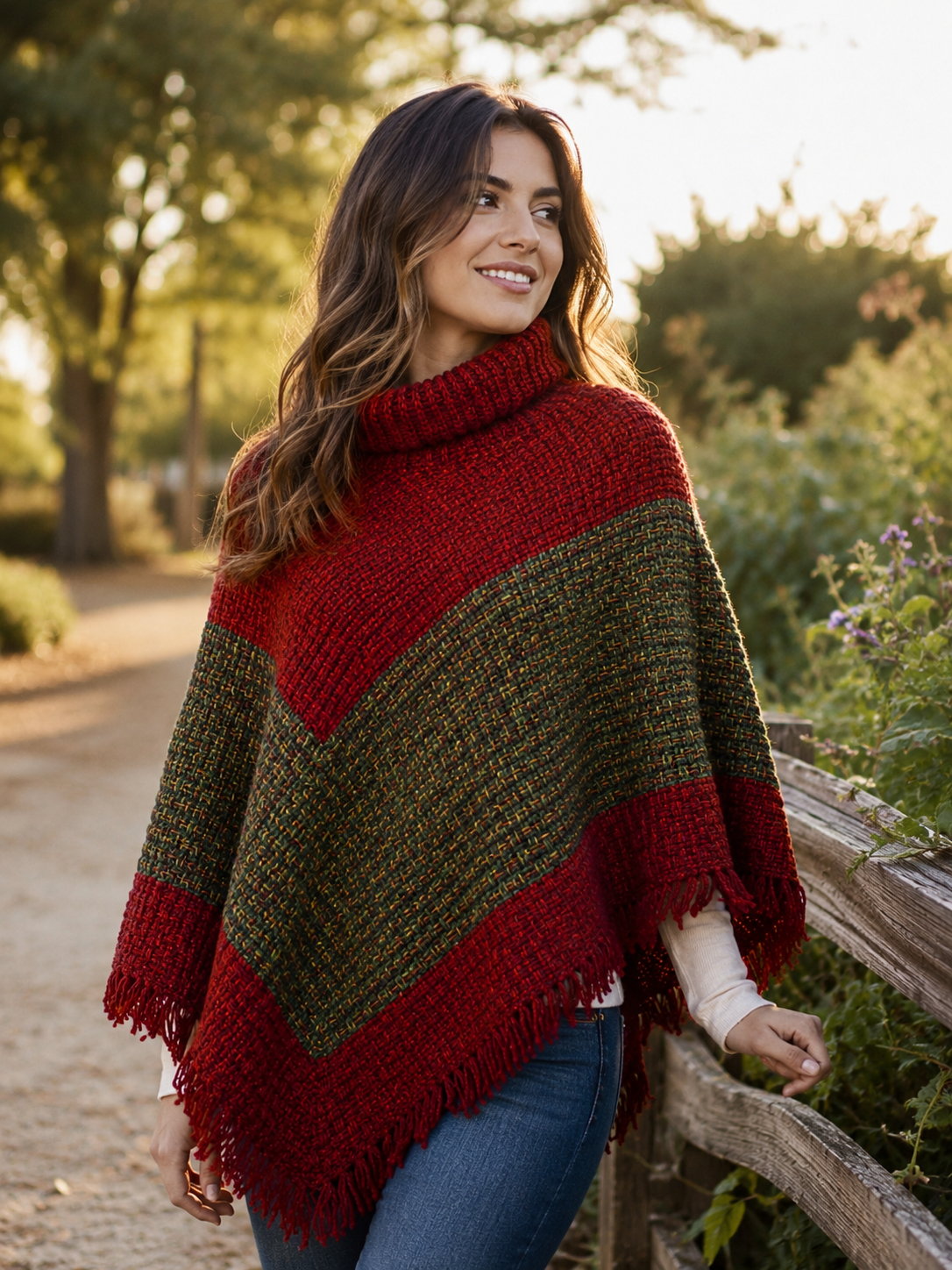 Modelo usando poncho artesanal de lana